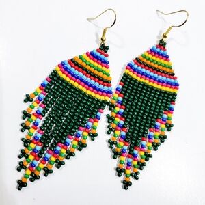 Handmade Forest Green Tribal Seed Bead Fringe Earrings
